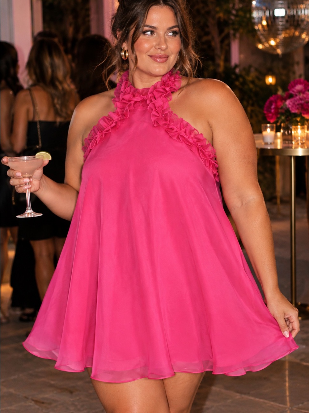 Lulus Perfect Stunner Hot Pink Organza Ruffled Halter Mini Dress – XL